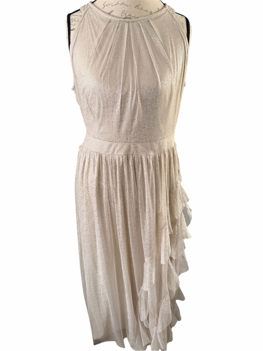 Metallic shimmer sleeveless midi maxi dress cascade ruffle champagne silver